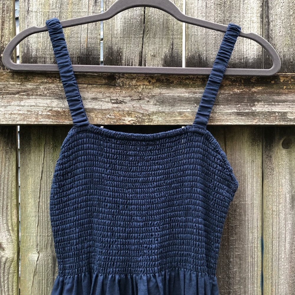 J. Crew Smocked Beach Dress Size M Navy Linen Cotton Blend Sleeveless Midi - Picture 4 of 15